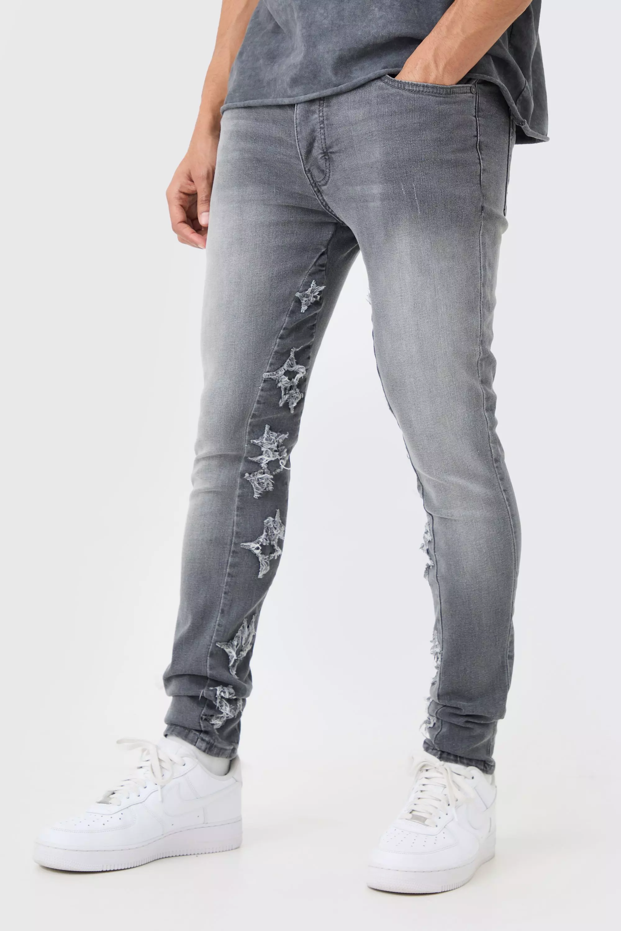Grey Skinny Stretch Overdyed Applique Gusset Jeans In Grey