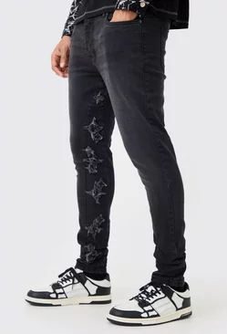 Black Skinny Stretch Applique Gusset Jeans In Washed Black