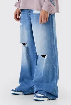 Extreme Baggy Frayed Self Fabric Applique Jeans Light blue