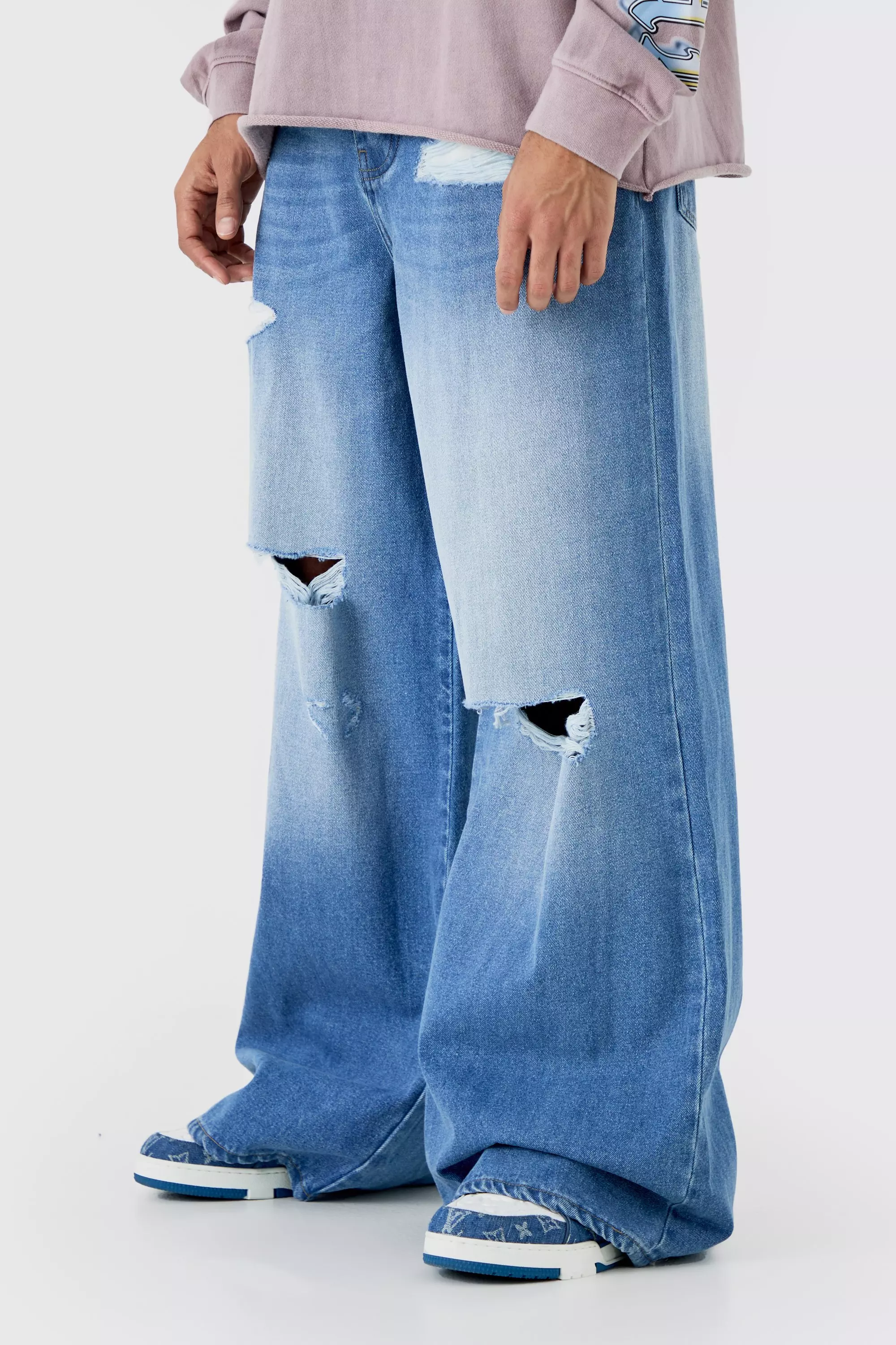 Blue Extreme Baggy Frayed Self Fabric Applique Jeans