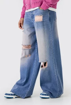 Pink Extreme Baggy Overdyed Frayed Self Fabric Applique Jeans
