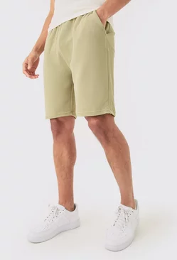 Olive Green Loose Fit Mid Length Textured Shorts