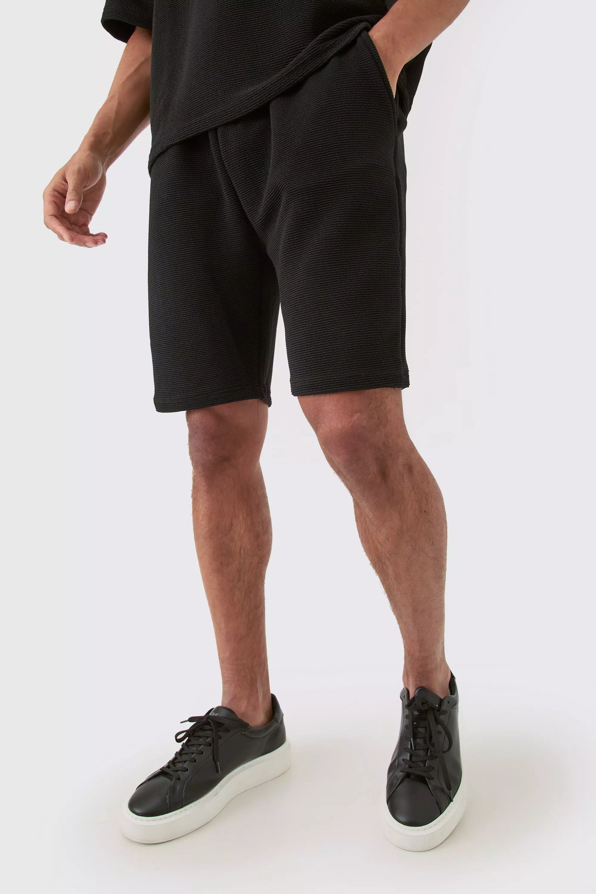 Black Middellange Baggy Shorts Met Textuur alternatieve afbeelding