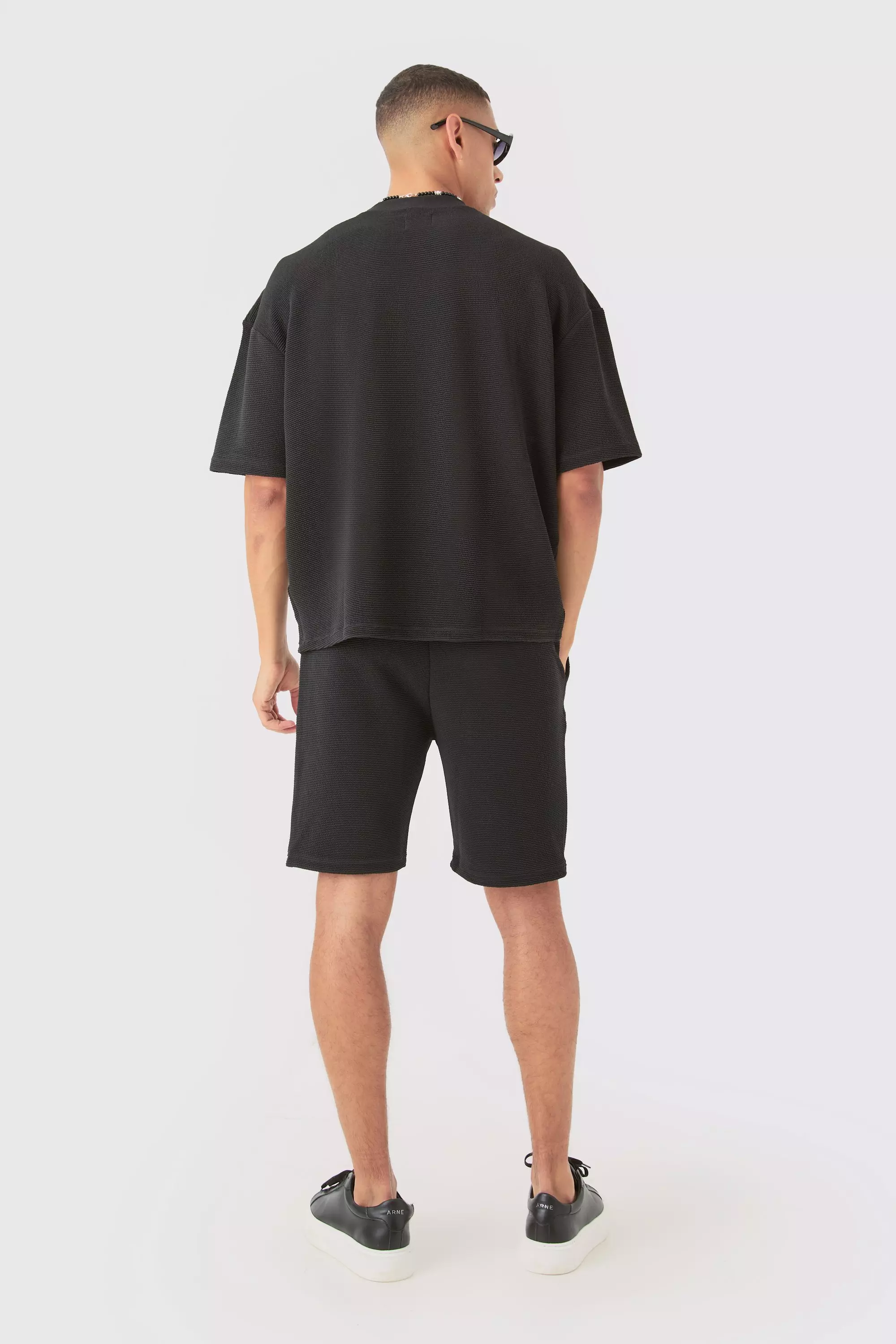 Black Middellange Baggy Shorts Met Textuur alternatieve afbeelding