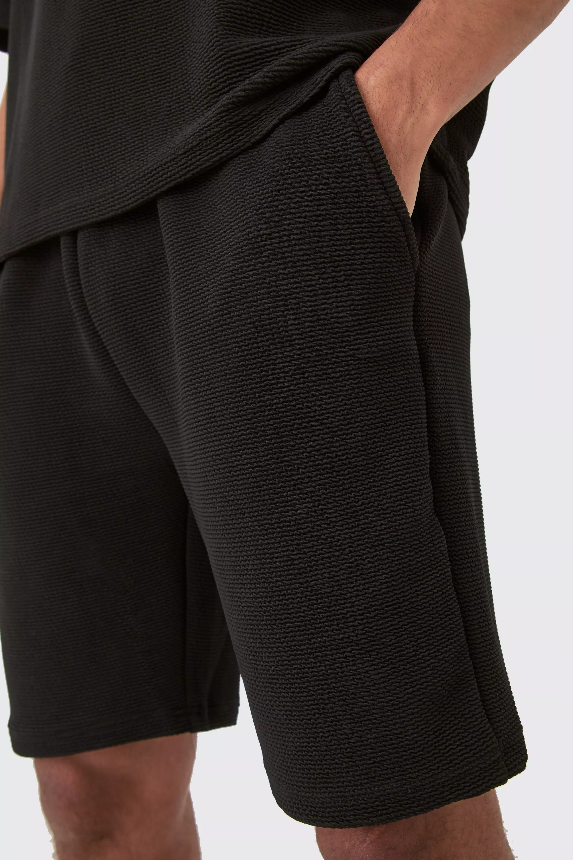 Black Middellange Baggy Shorts Met Textuur alternatieve afbeelding