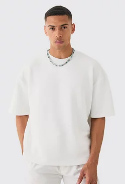 White Oversized Boxy Extended Neck Textured T-shirt