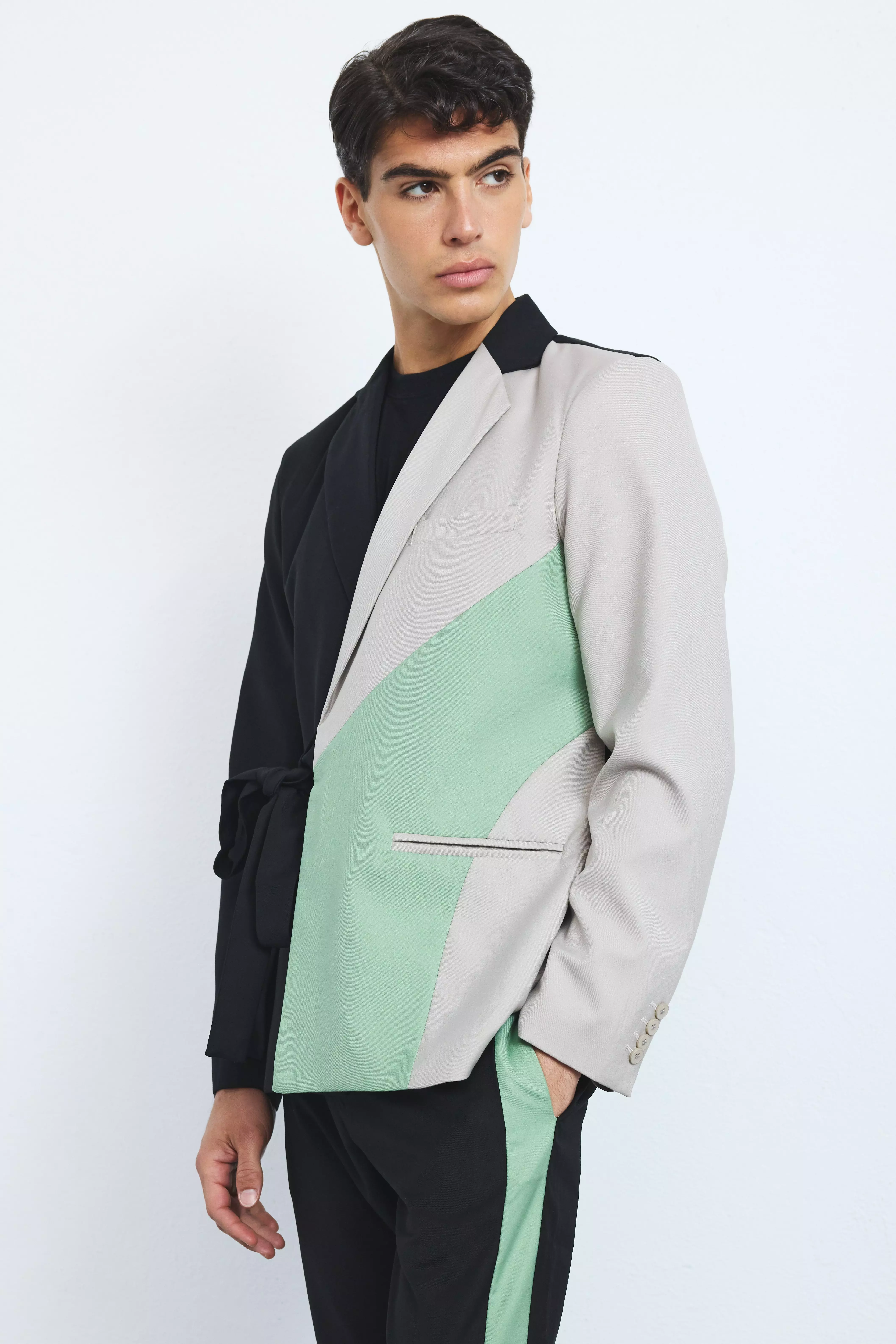 Slim Wrap Panel Suit Jacket Sage