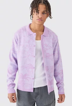 Lilac Purple Long Sleeve Palm Patterned Knitted Shirt In Blue