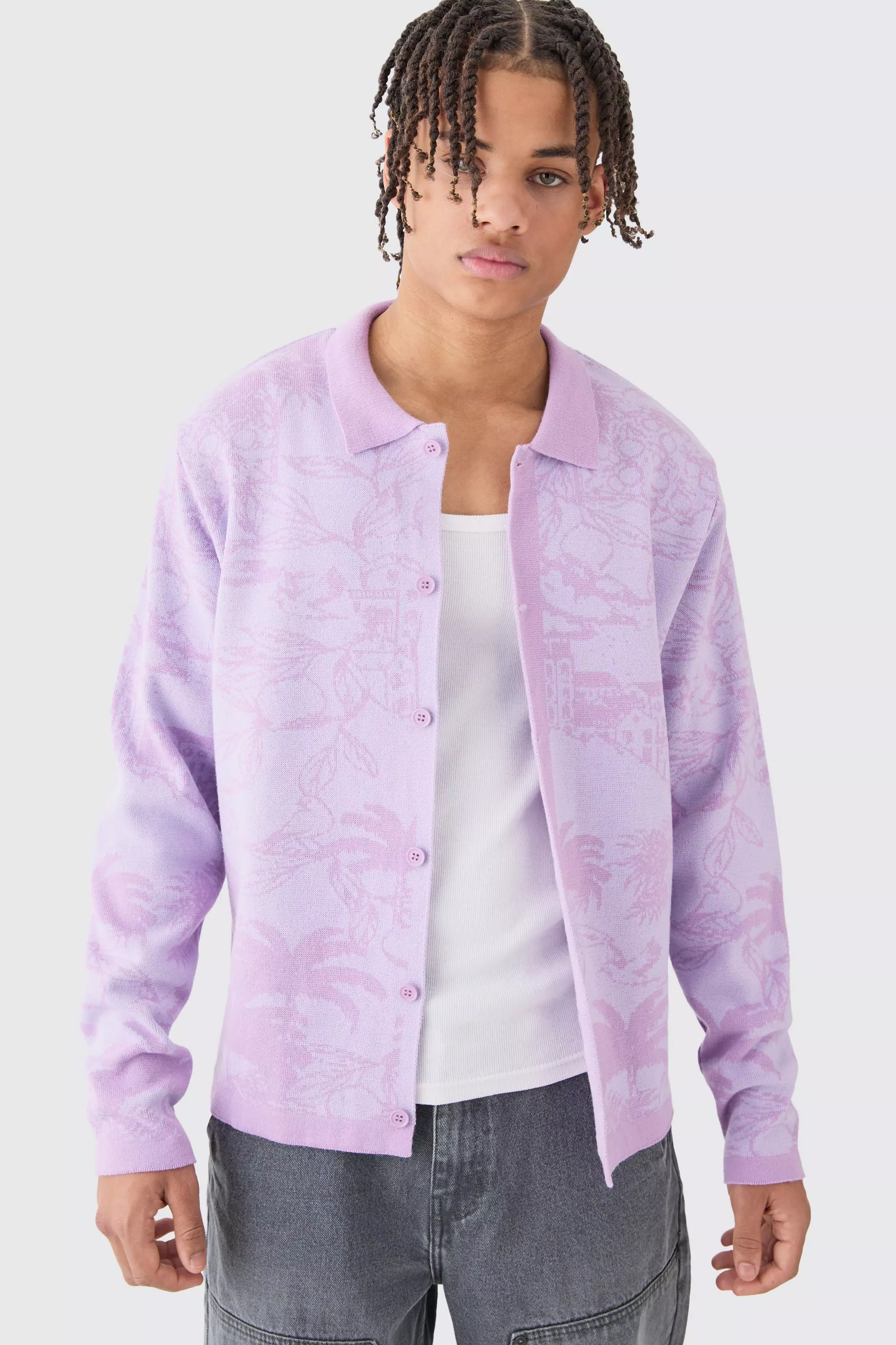 Long Sleeve Palm Patterned Knitted Shirt In Blue Lilac