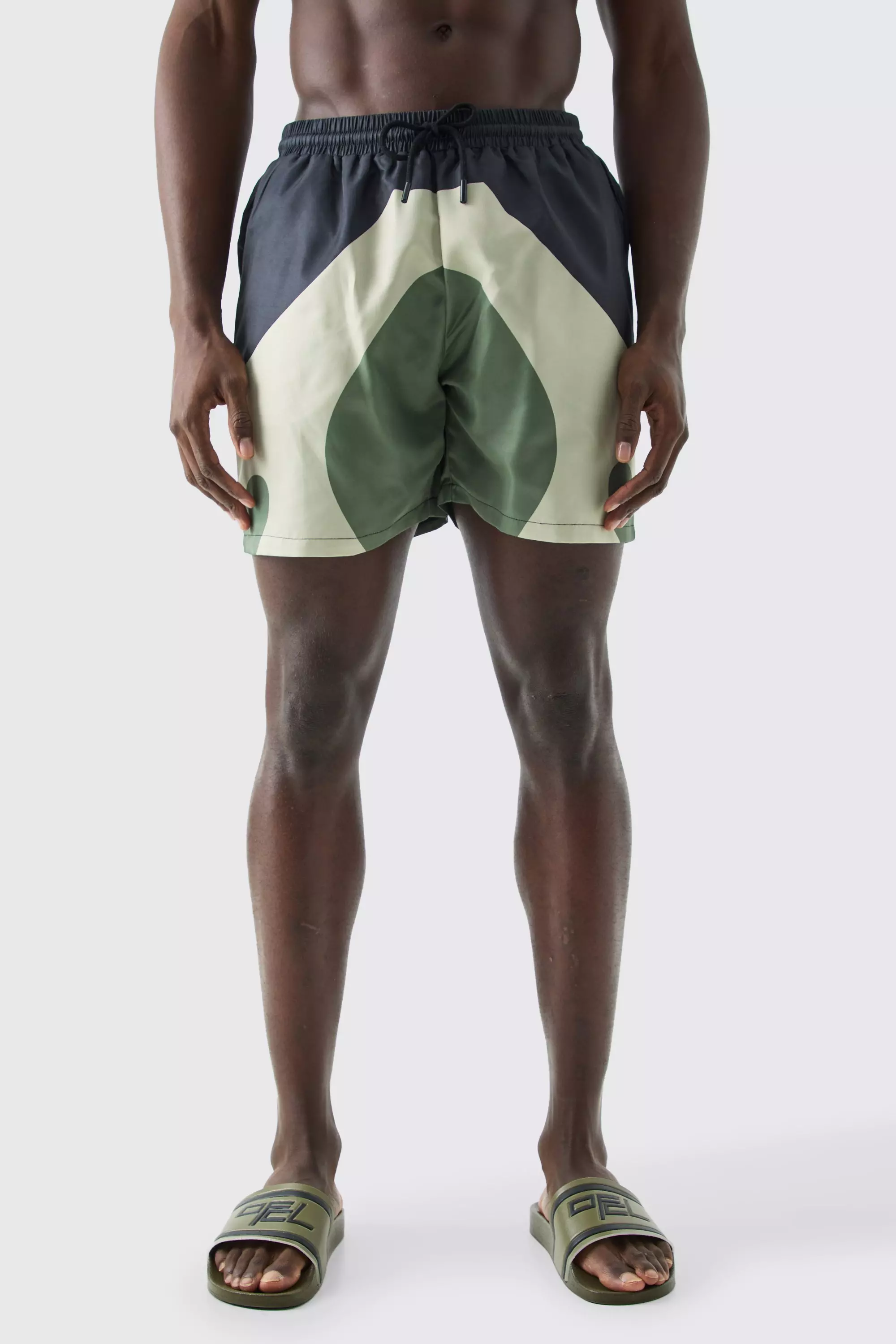 Mid Length Colour Block Retro Swim Trunks Khaki