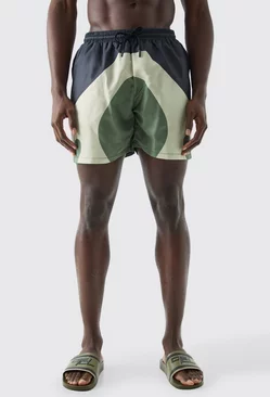 Khaki Mid Length Colour Block Retro Swim Short