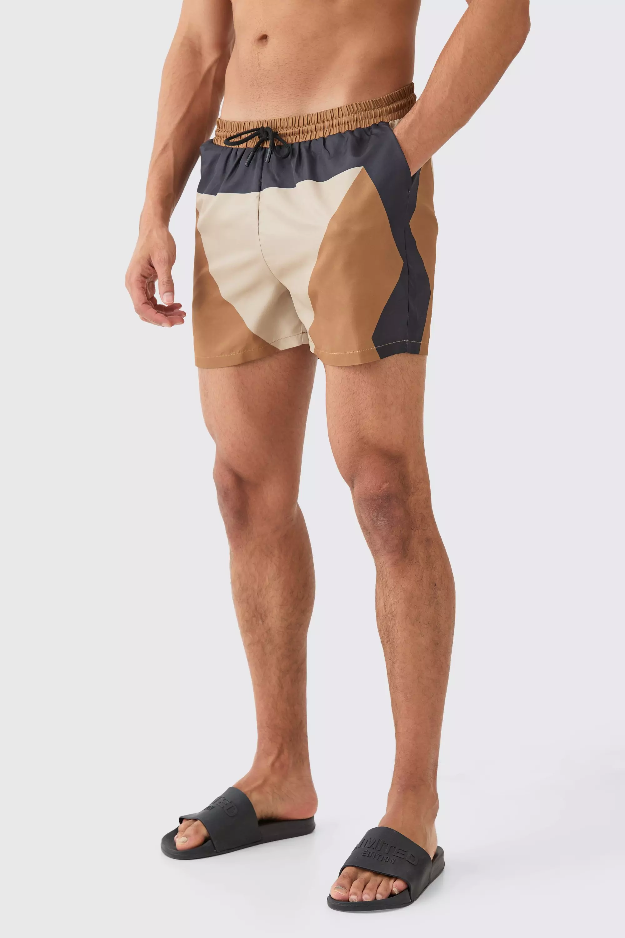 Short Length Colour Block Swim Trunks Brown