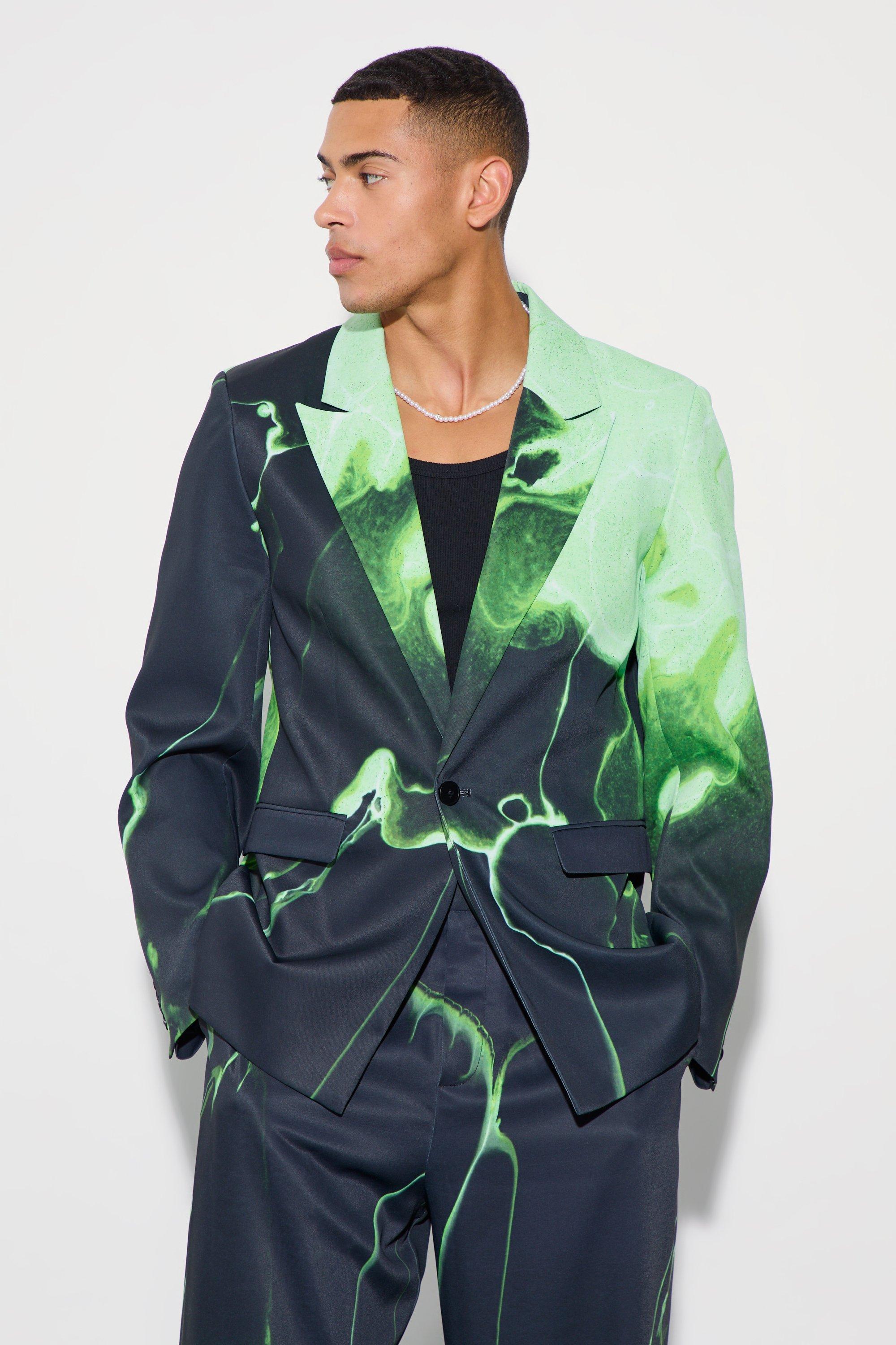 Green Relaxed Fit Marble Print Blazer