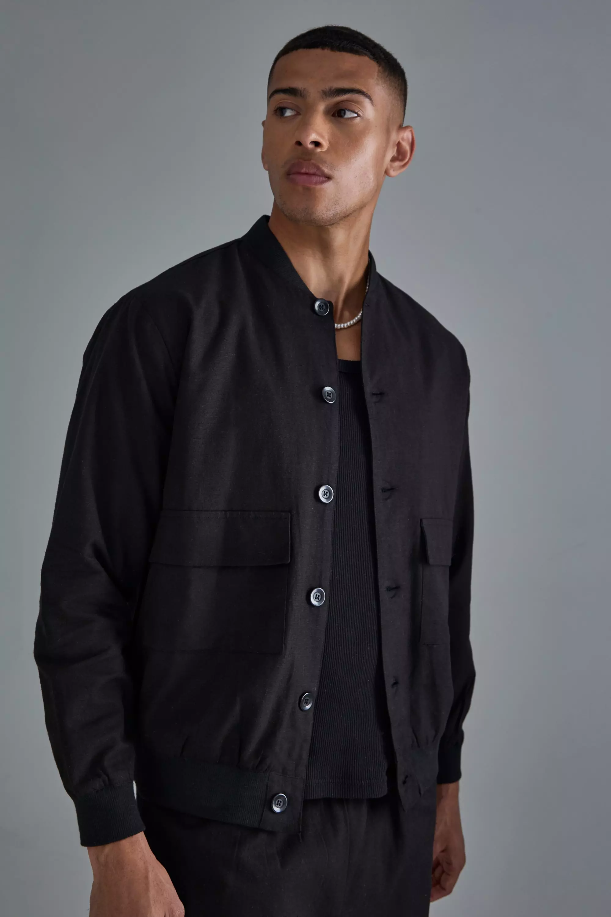 Mens Linen Mix Smart Oversized Cargo Bomber Jacket Black