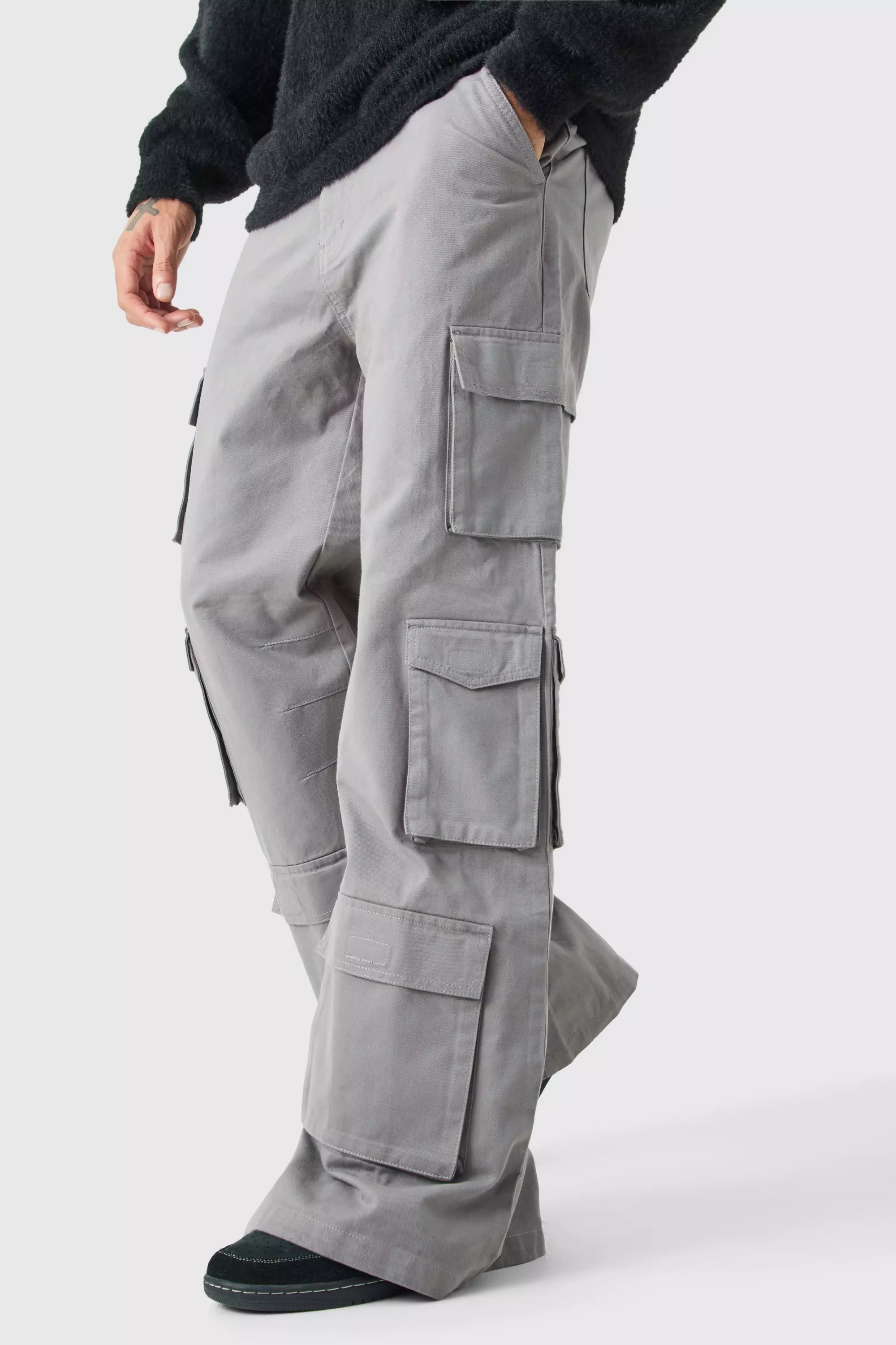 Extreme Baggy Rigid Multi Cargo Pocket Trousers Grey