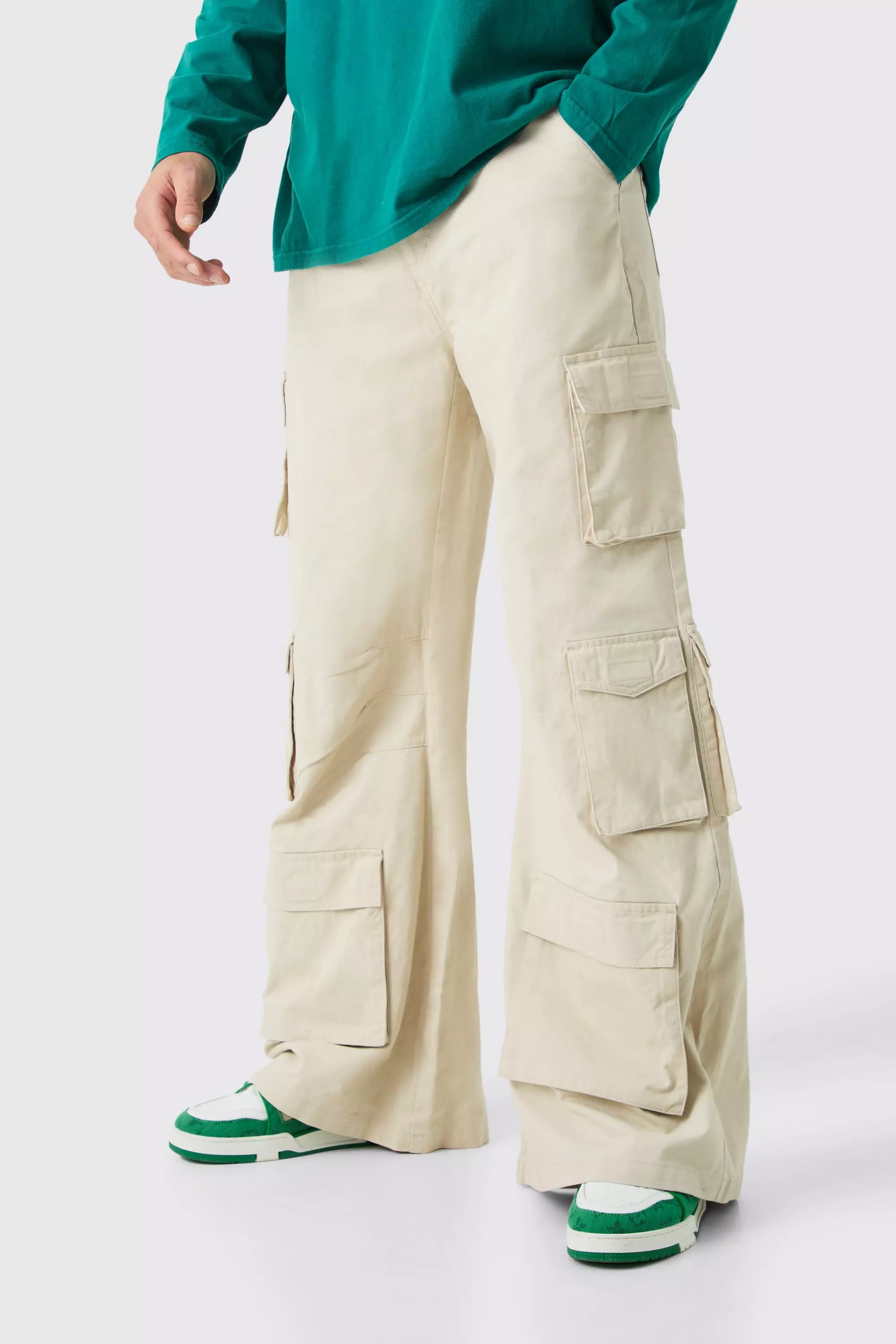Stone Beige Extreme Baggy Rigid Multi Cargo Pocket Trousers