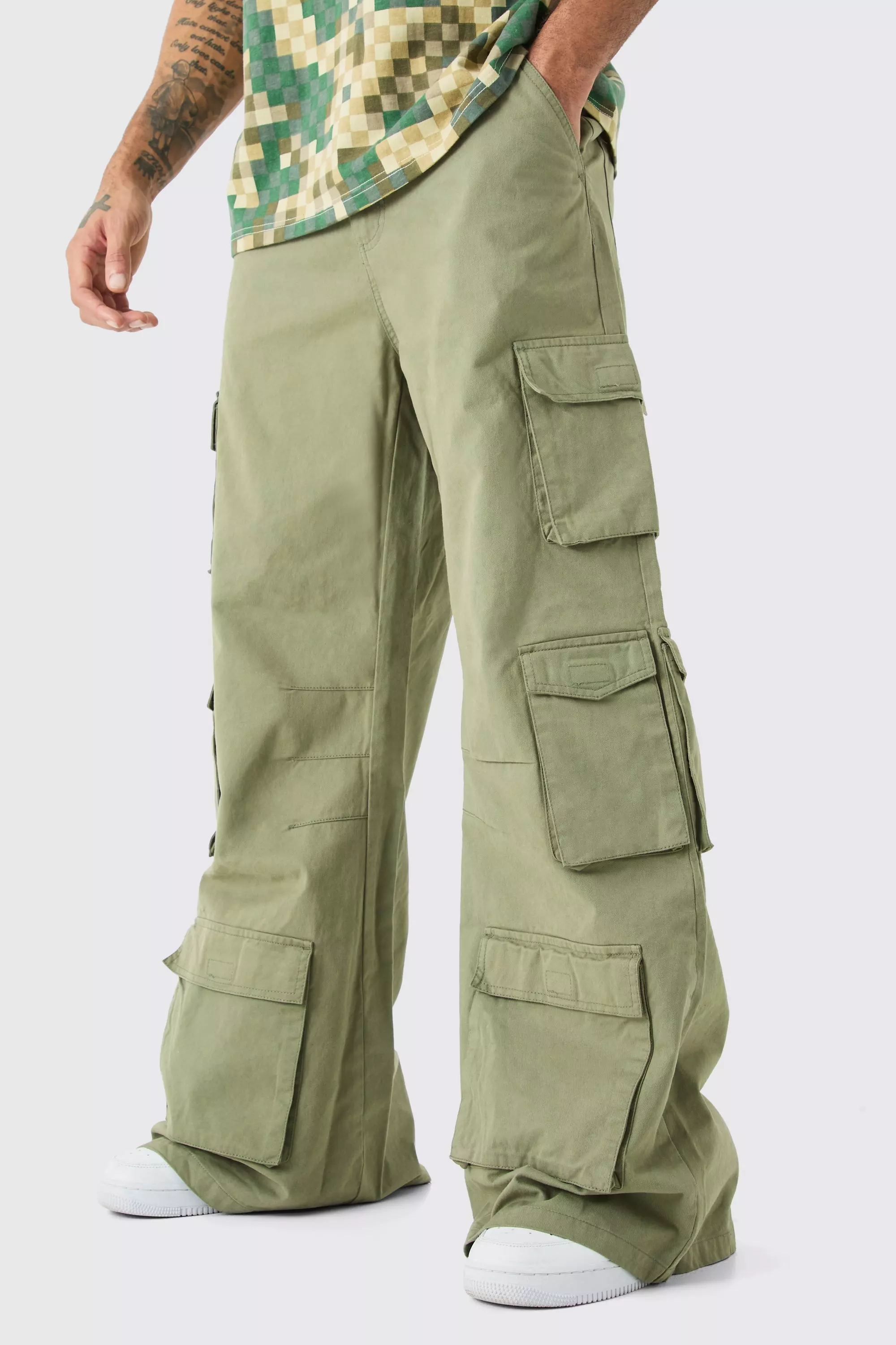 Extreme Baggy Rigid Multi Cargo Pocket Pants Khaki