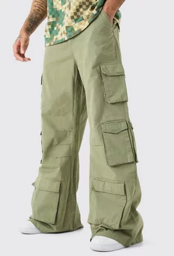 Khaki Extreme Baggy Rigid Multi Cargo Pocket Trousers