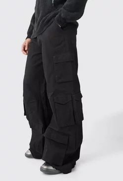 Black Extreme Baggy Rigid Multi Cargo Pocket Trousers