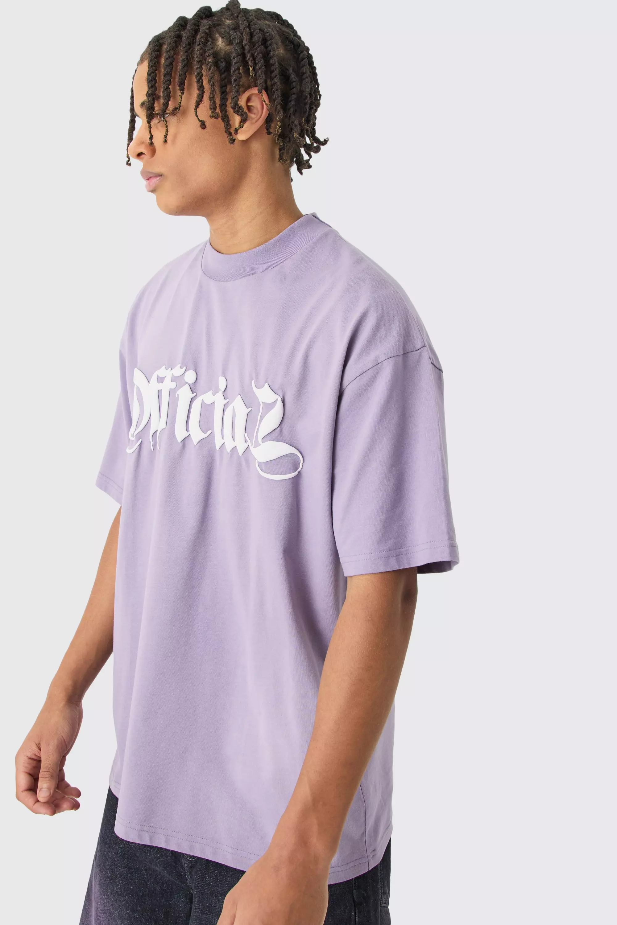 Oversized Heavyweight Spray Wash Denim Applique T-shirt Purple