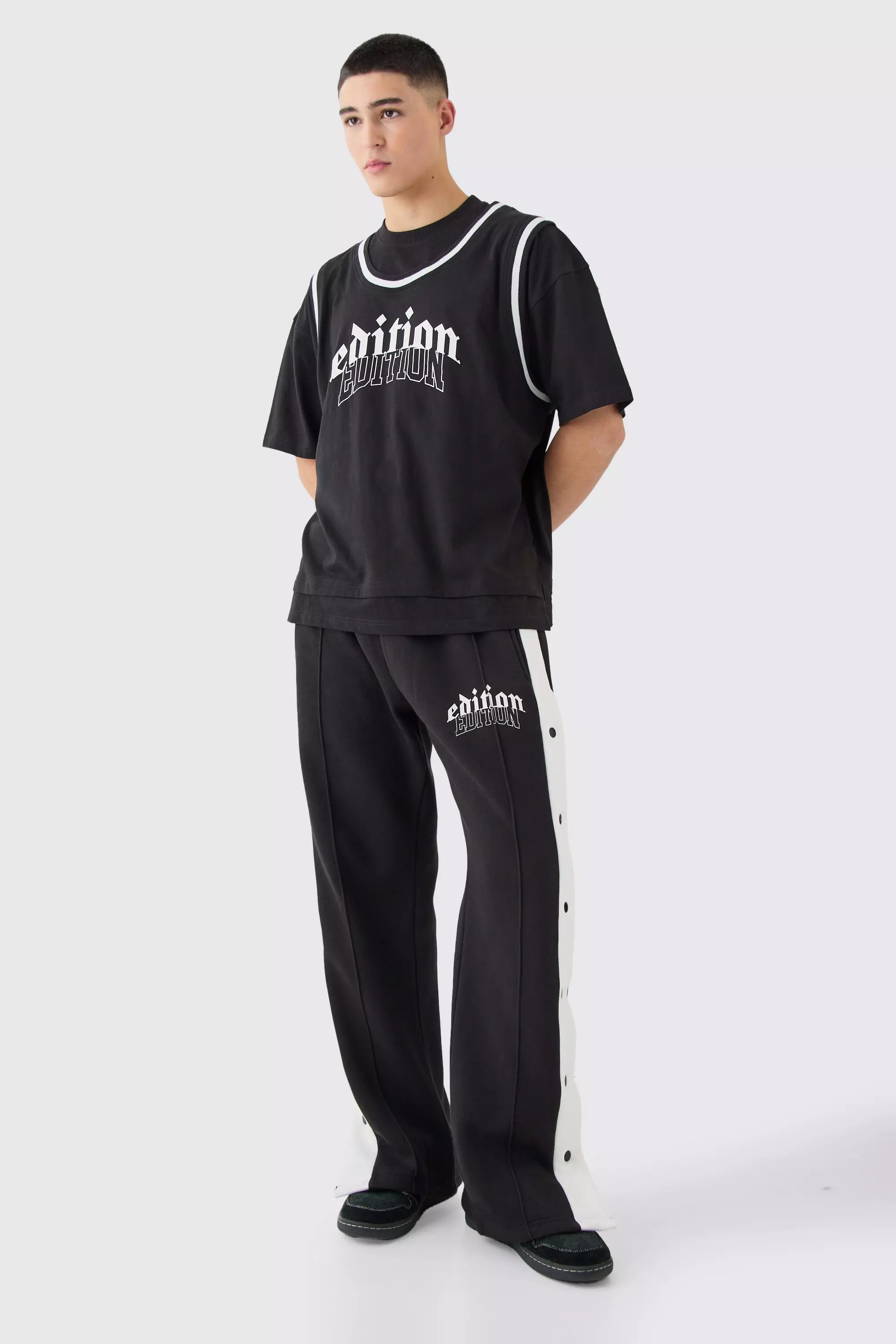 Oversized Heavyweight Faux Layer Varsity Split Hem Tracksuit Black