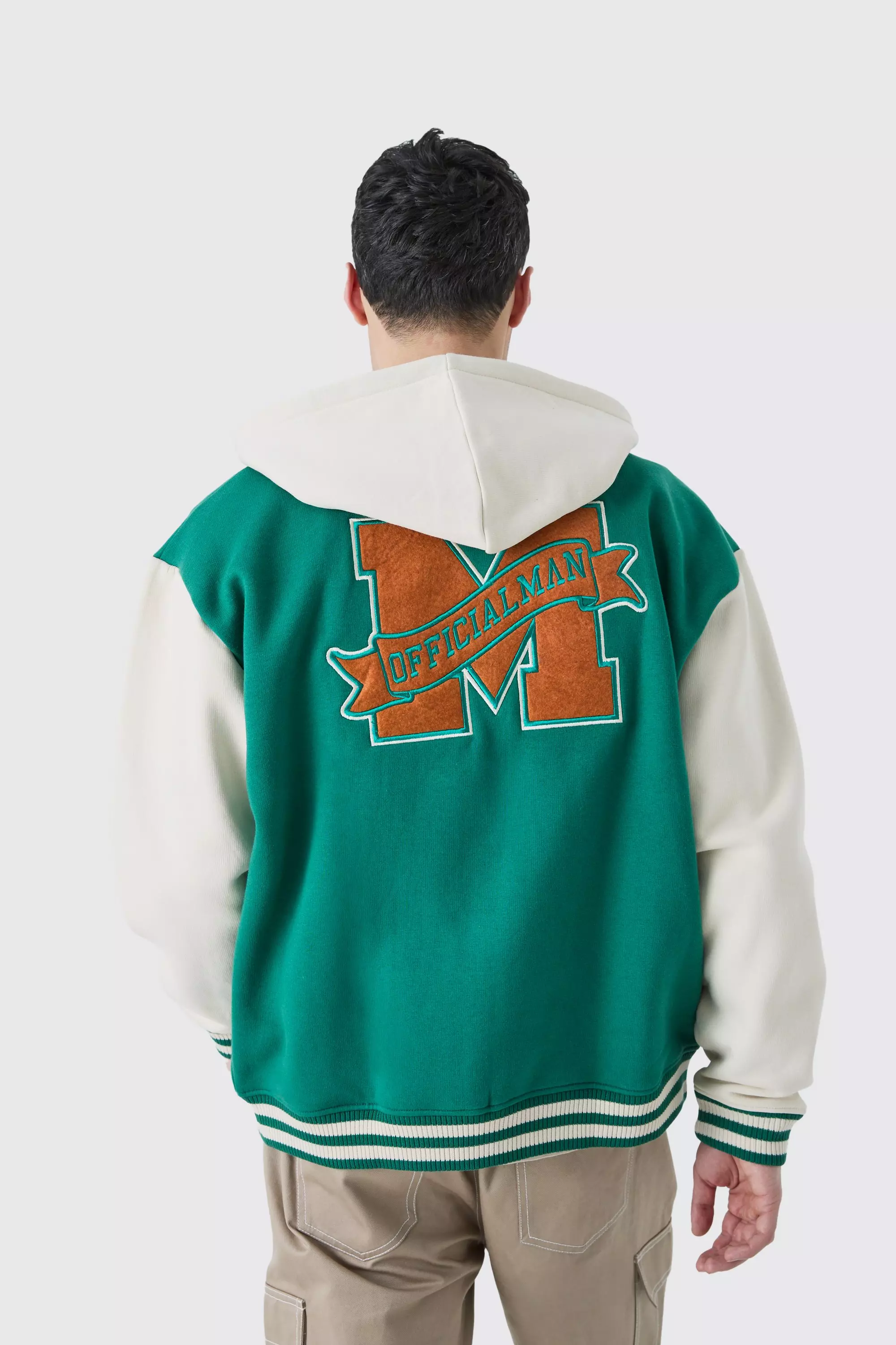 Oversized Varsity Applique Jersey Hooded Jacket Green