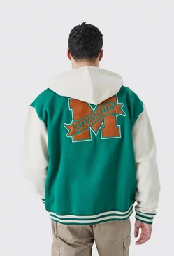 Oversized Varsity Applique Jersey Hooded Jacket Green