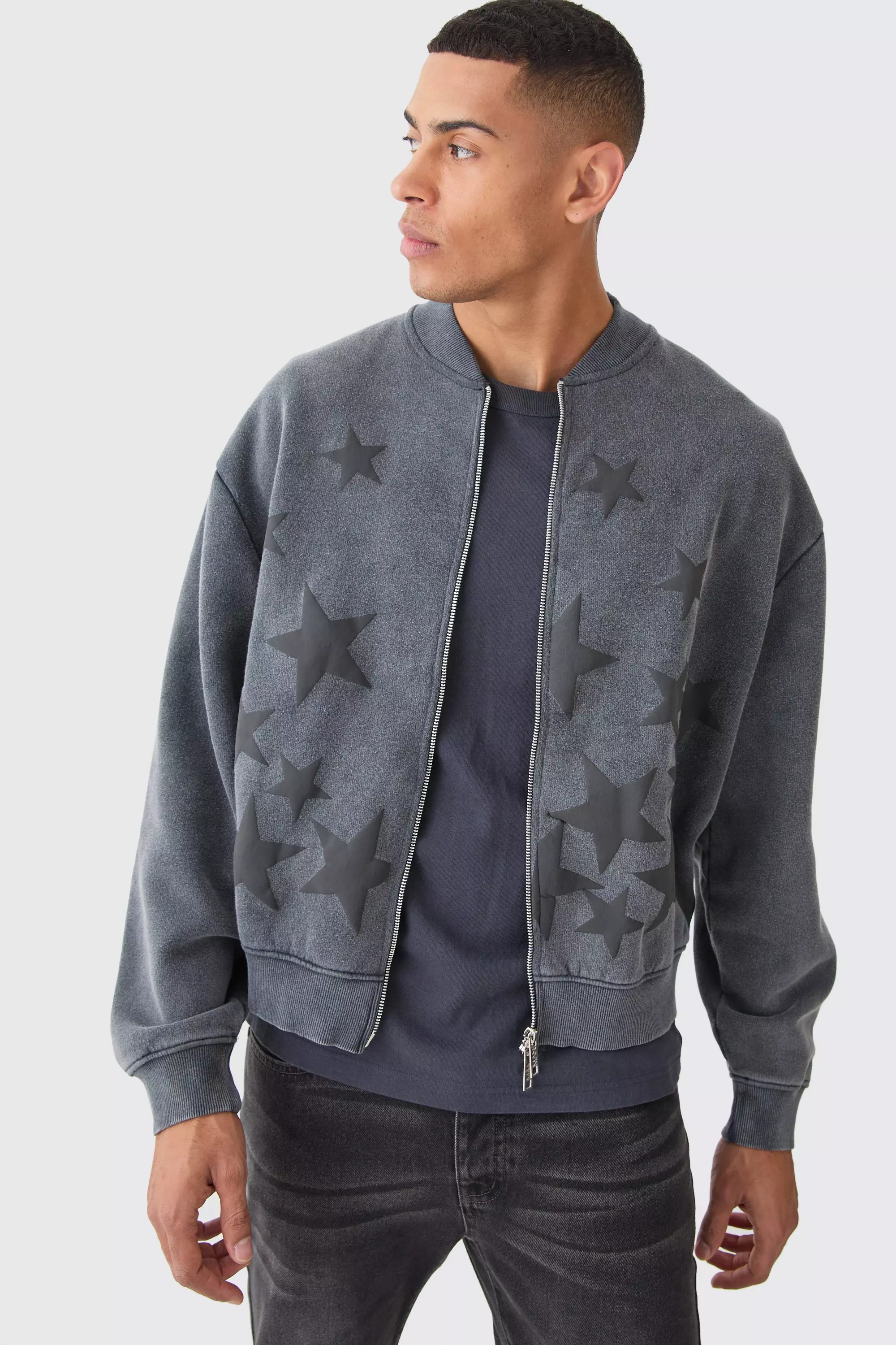 Oversized Boxy Acid Wash Star Applique Jersey Bomber Jacket Charcoal