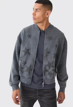 Charcoal Grey Oversized Boxy Acid Wash Star Applique Jersey Bomber Jacket