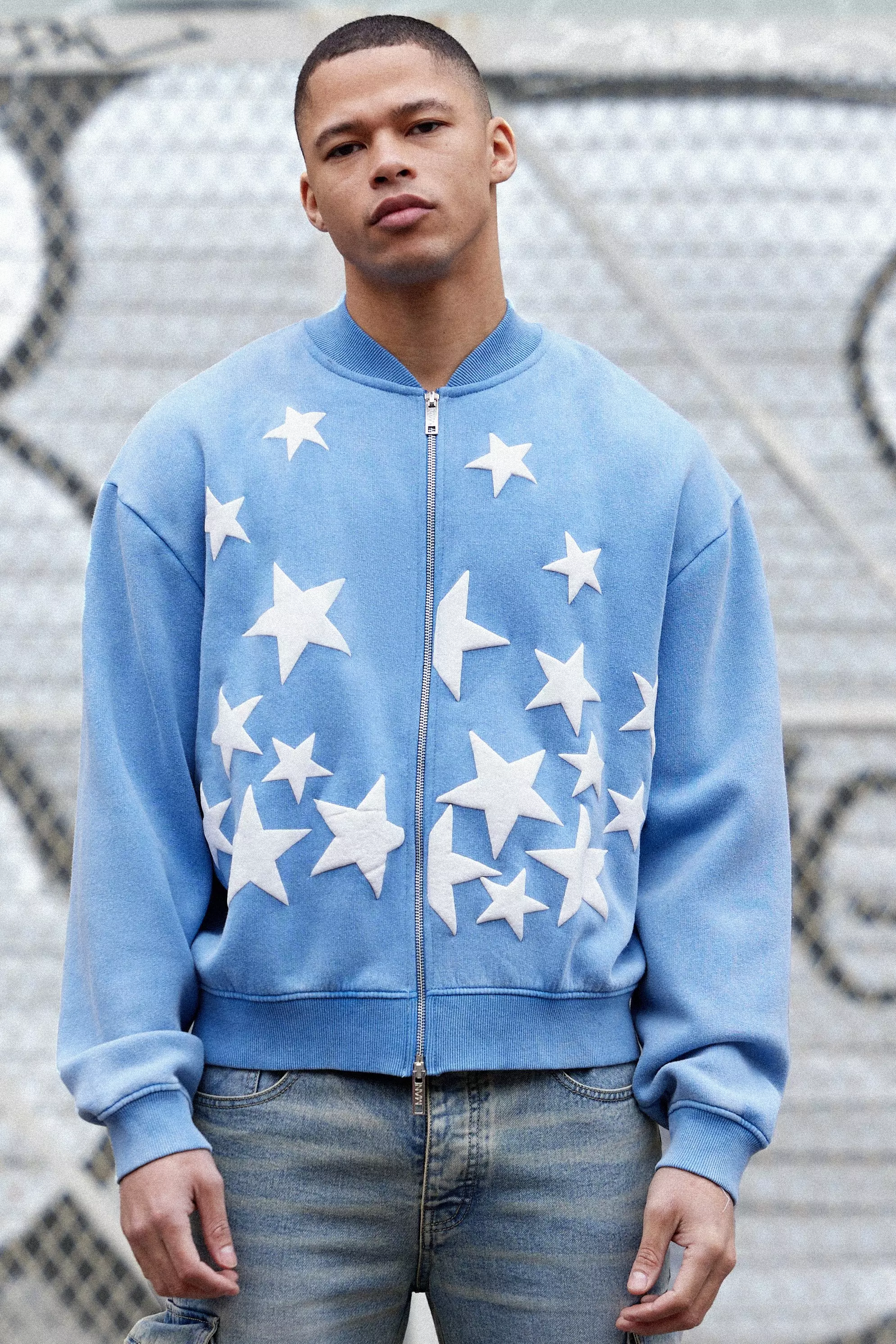 Oversized Boxy Acid Wash Star Applique Jersey Bomber Jacket Blue