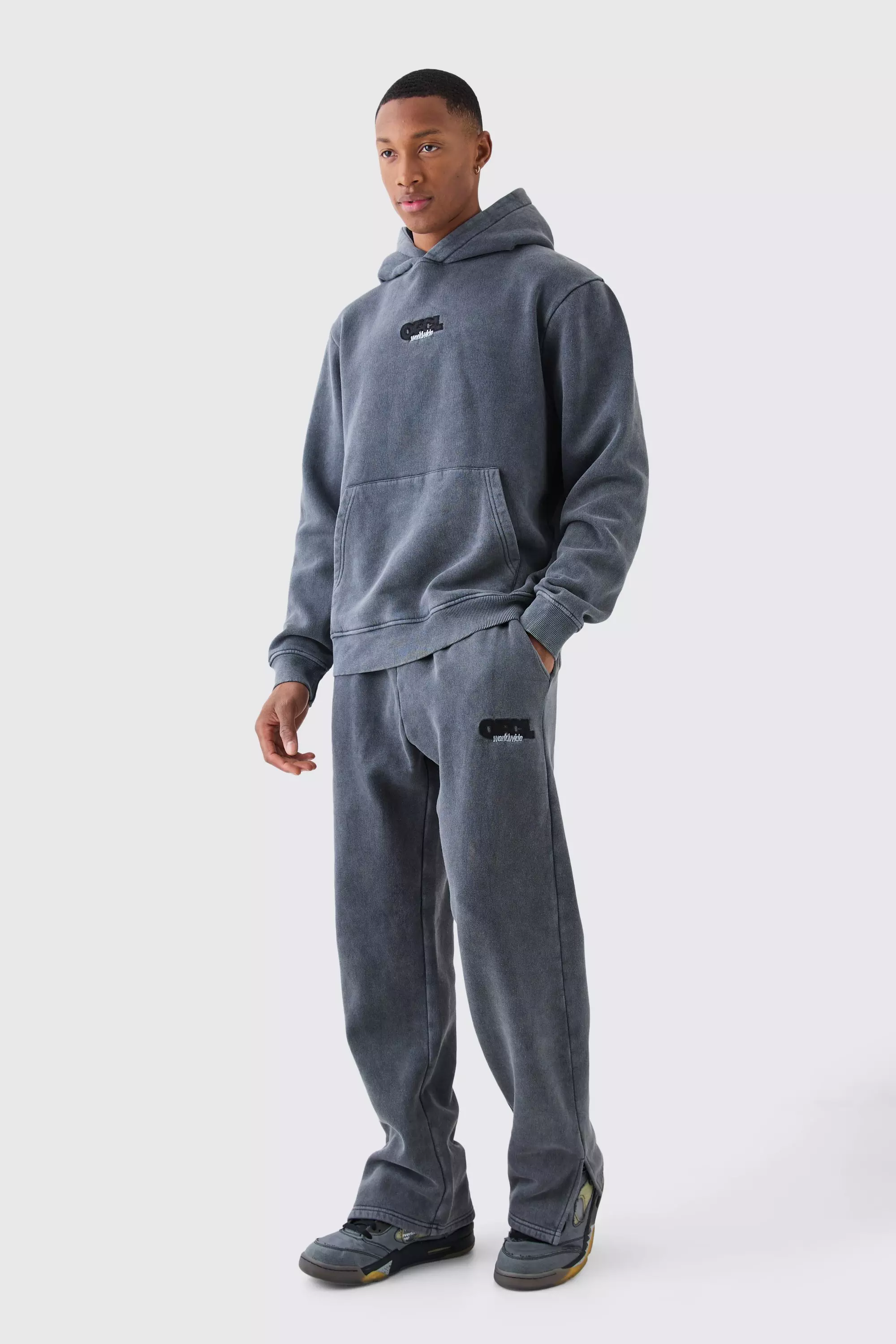 Charcoal Grey Man Washed Hooded Tracksuit