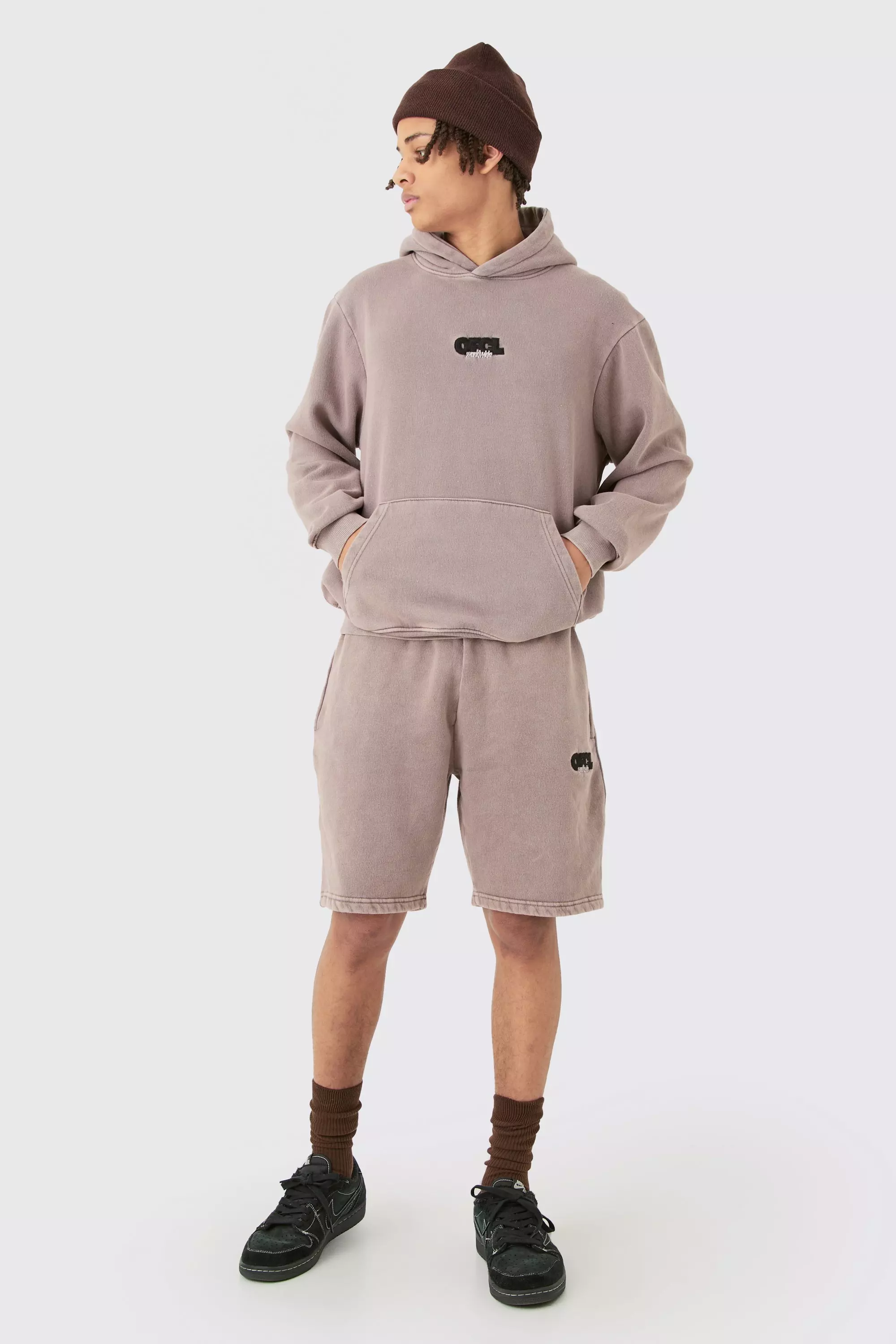 Chocolate Brown Man Washed Hooded Short Tracksuit