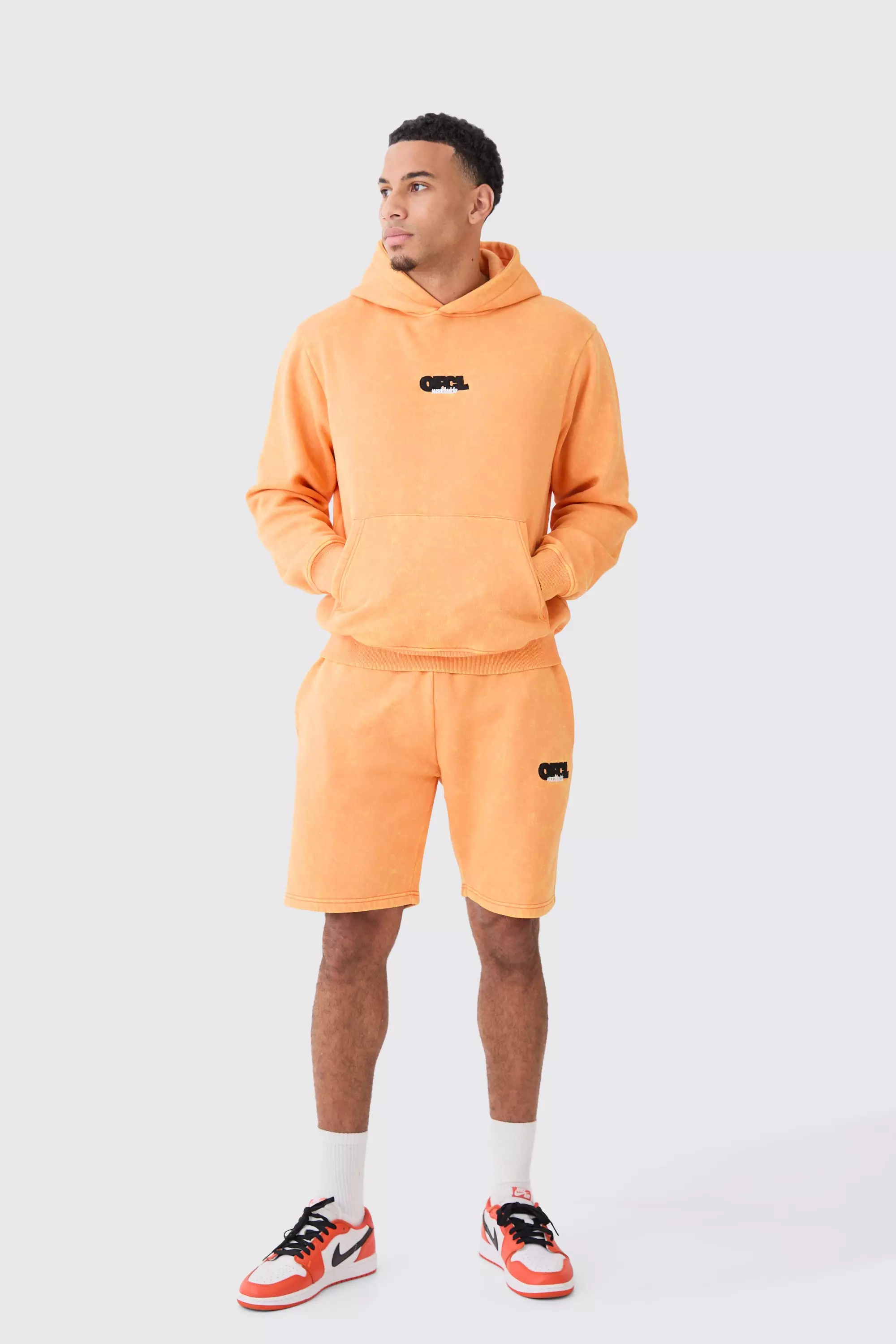 Orange Man Washed Hooded Short Tracksuit