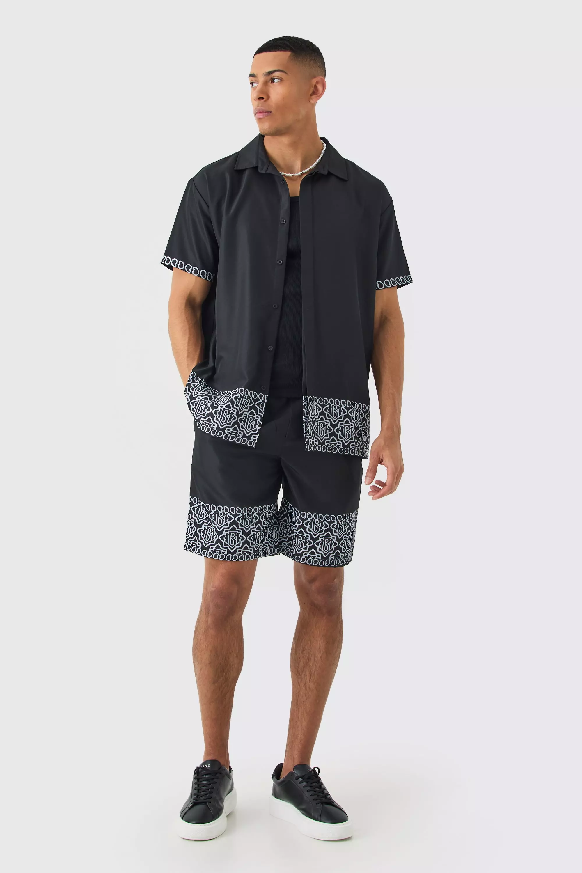 Black Oversized Soft Twill Printed Hem Shirt And Short