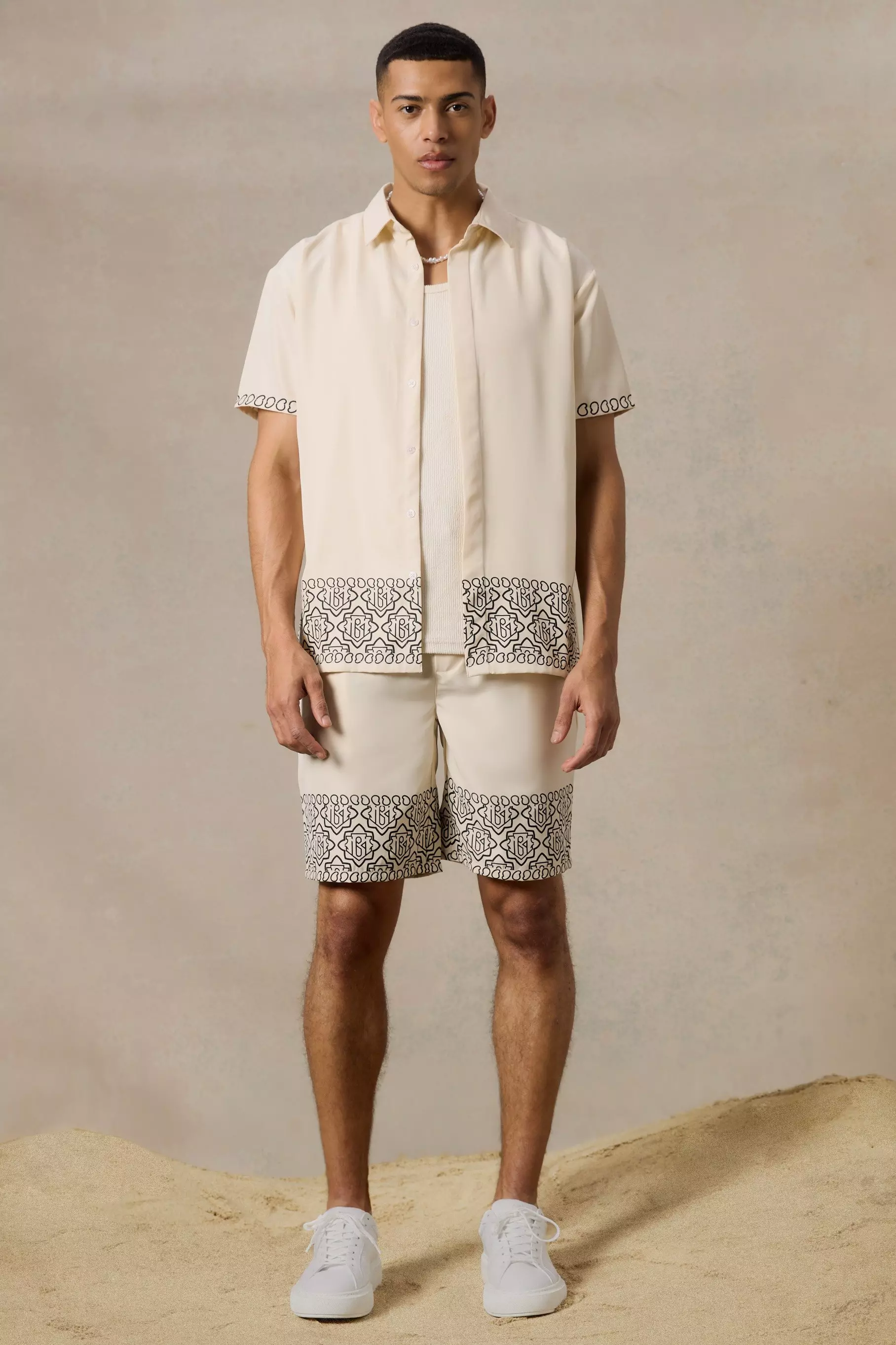 Oversized Soft Twill Printed Hem Shirt And Short Ecru