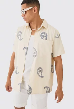 Oversized Soft Twill Paisley Embroidered Shirt Ecru