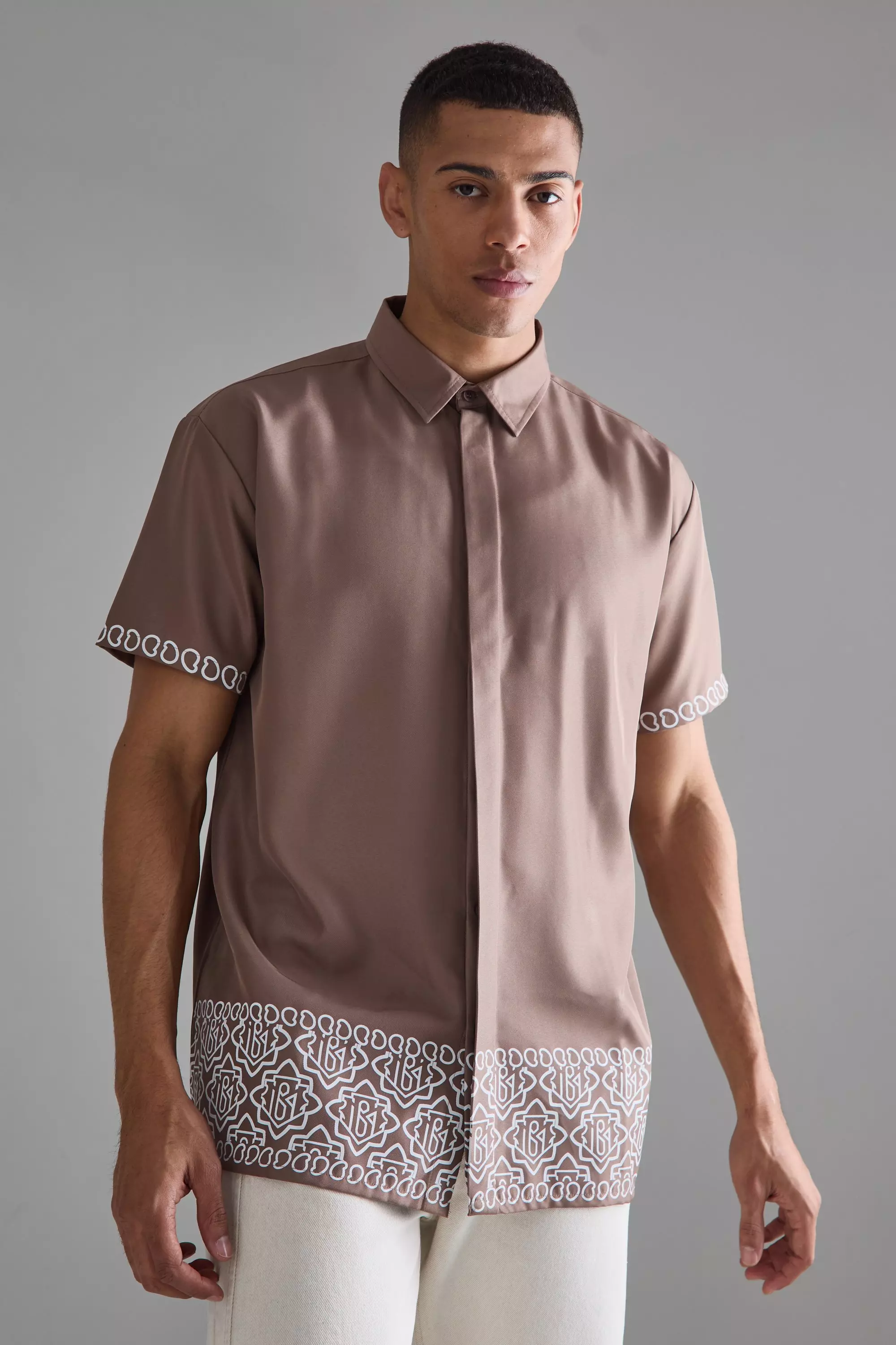 Taupe Beige Oversized Soft Twill Printed Hem Shirt