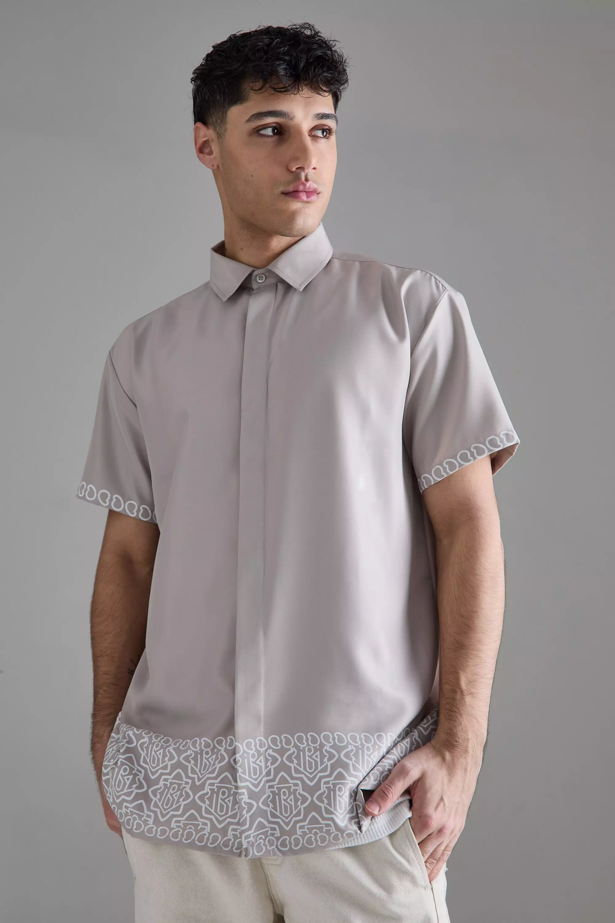 Grey Oversized Soft Twill Printed Hem Shirt alternative image