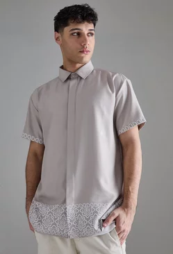 Grey Oversized Soft Twill Printed Hem Shirt
