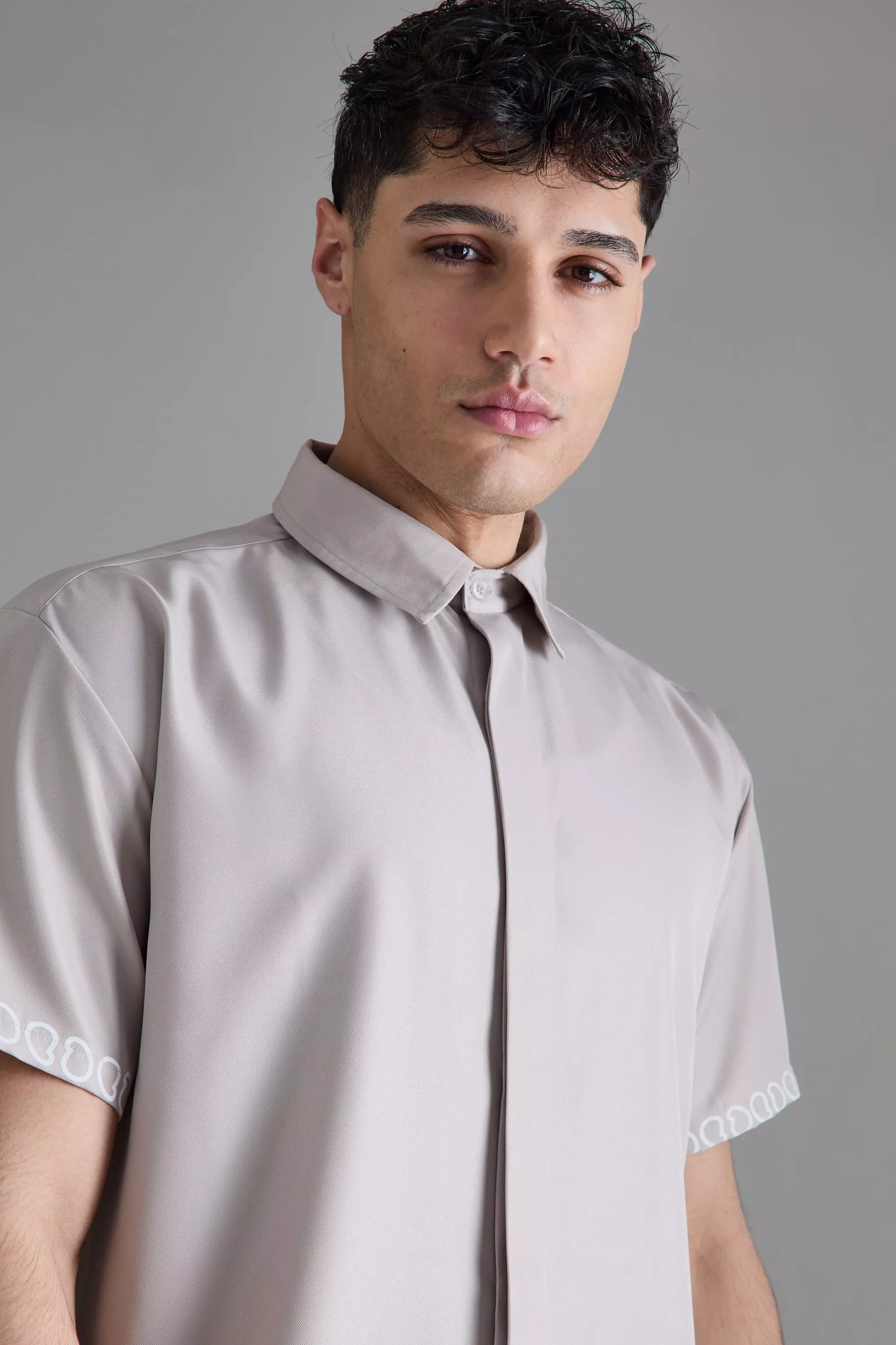 Grey Oversized Soft Twill Printed Hem Shirt alternative image