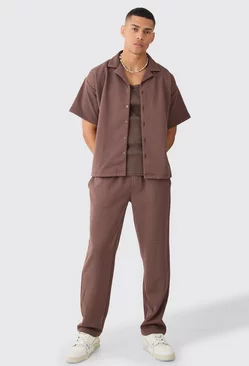 Short Sleeve Boxy Textured Stretch Shirt & Trouser Brown