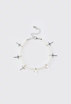 Pearl Cross Pendant Bracelet In White White