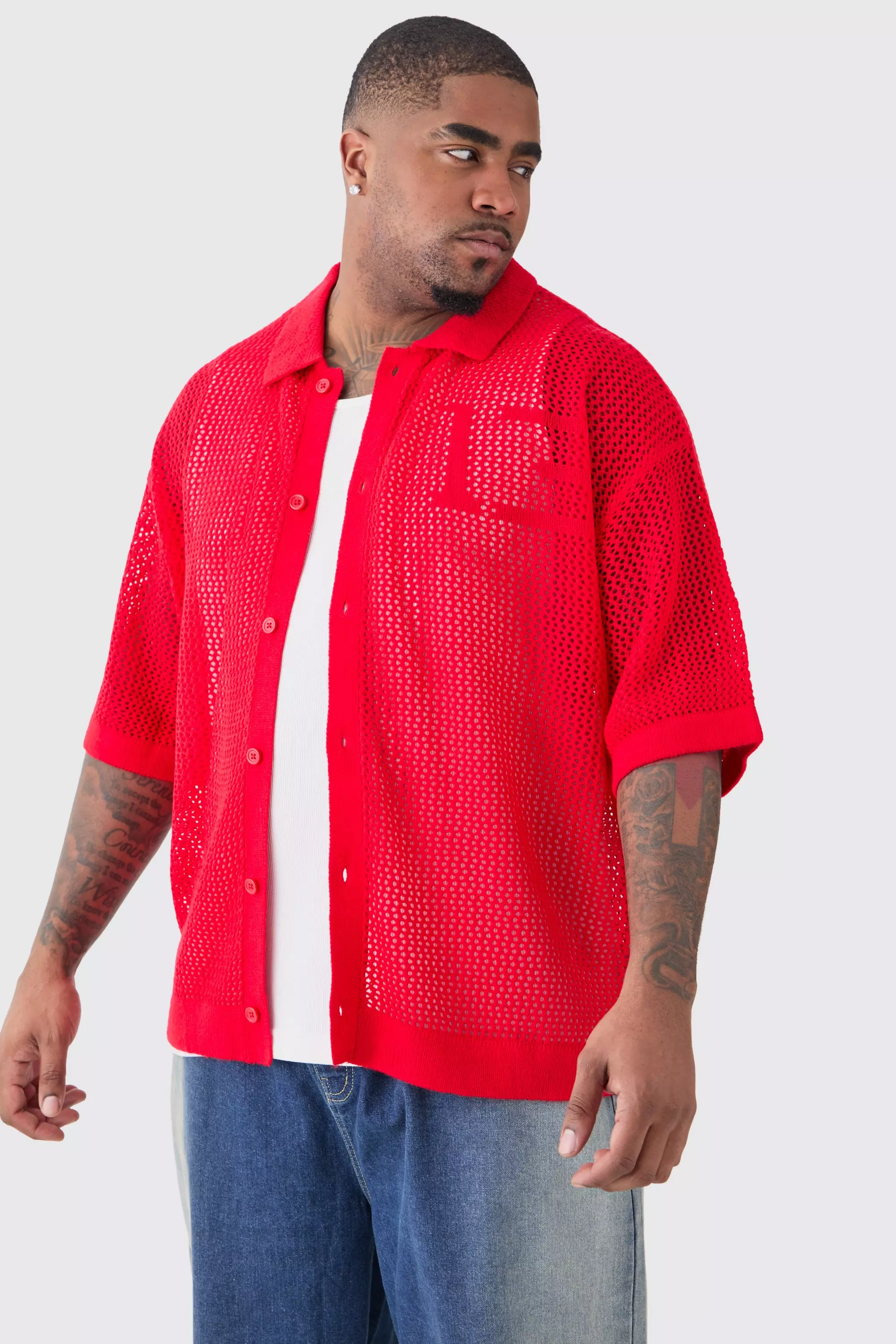 Plus Short Sleeve Open Stitch Varsity Knit Shirt In Red Red