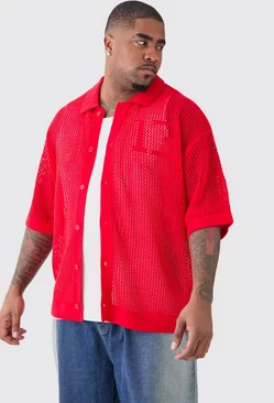 Plus Short Sleeve Open Stitch Varsity Knit Shirt In Red Red