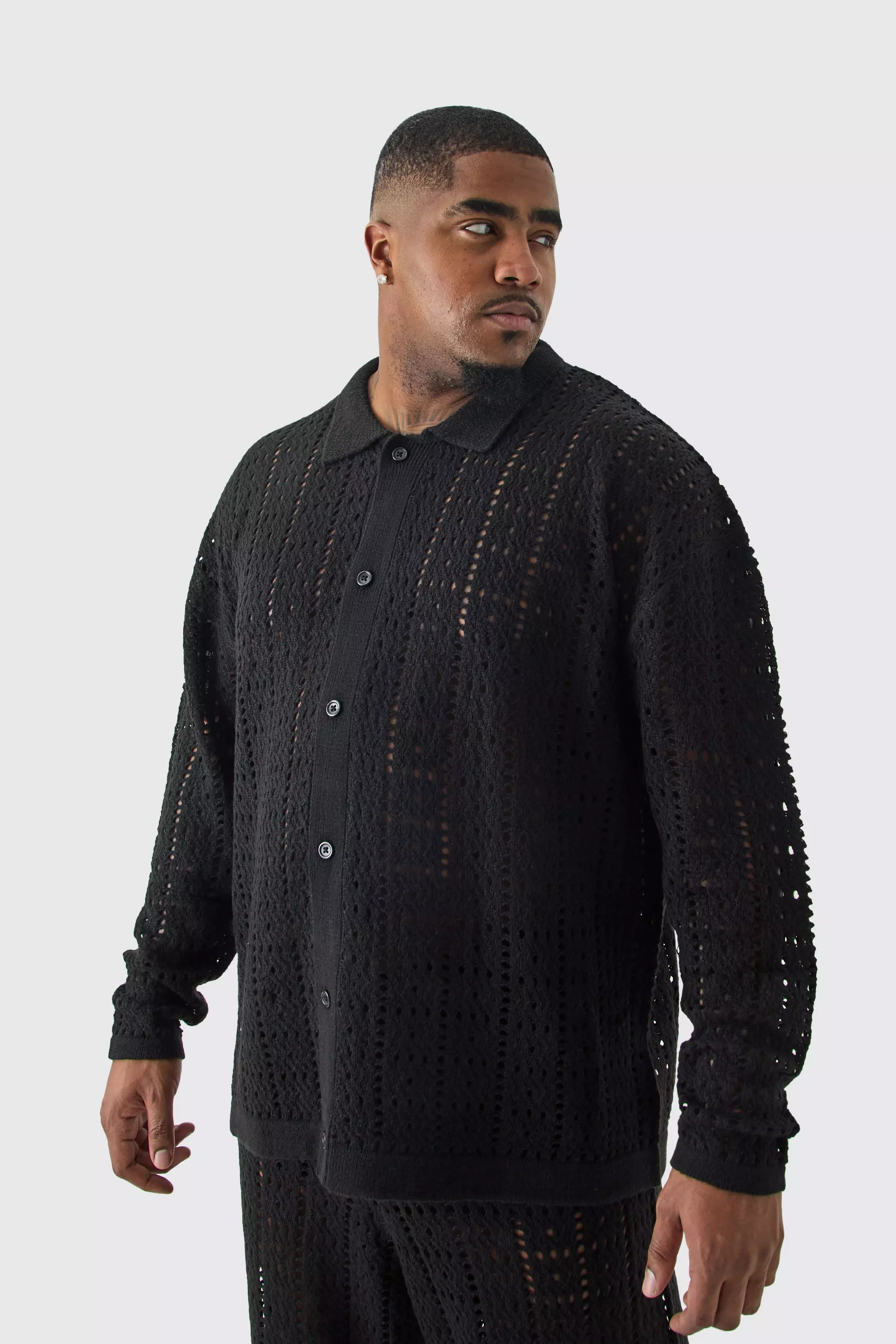 Plus Oversized Long Sleeve Crochet Knit Shirt In Black Black