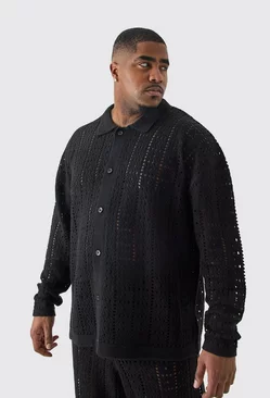 Black Plus Oversized Long Sleeve Crochet Knit Shirt In Black