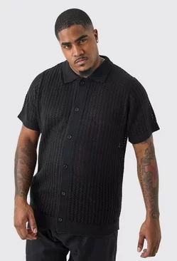 Plus Open Stitch Short Sleeve Knitted Shirt In Black Black