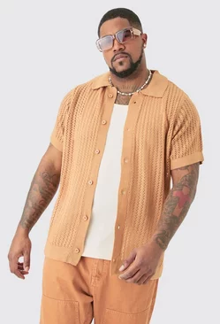 Plus Open Stitch Short Sleeve Knitted Shirt In Taupe Taupe