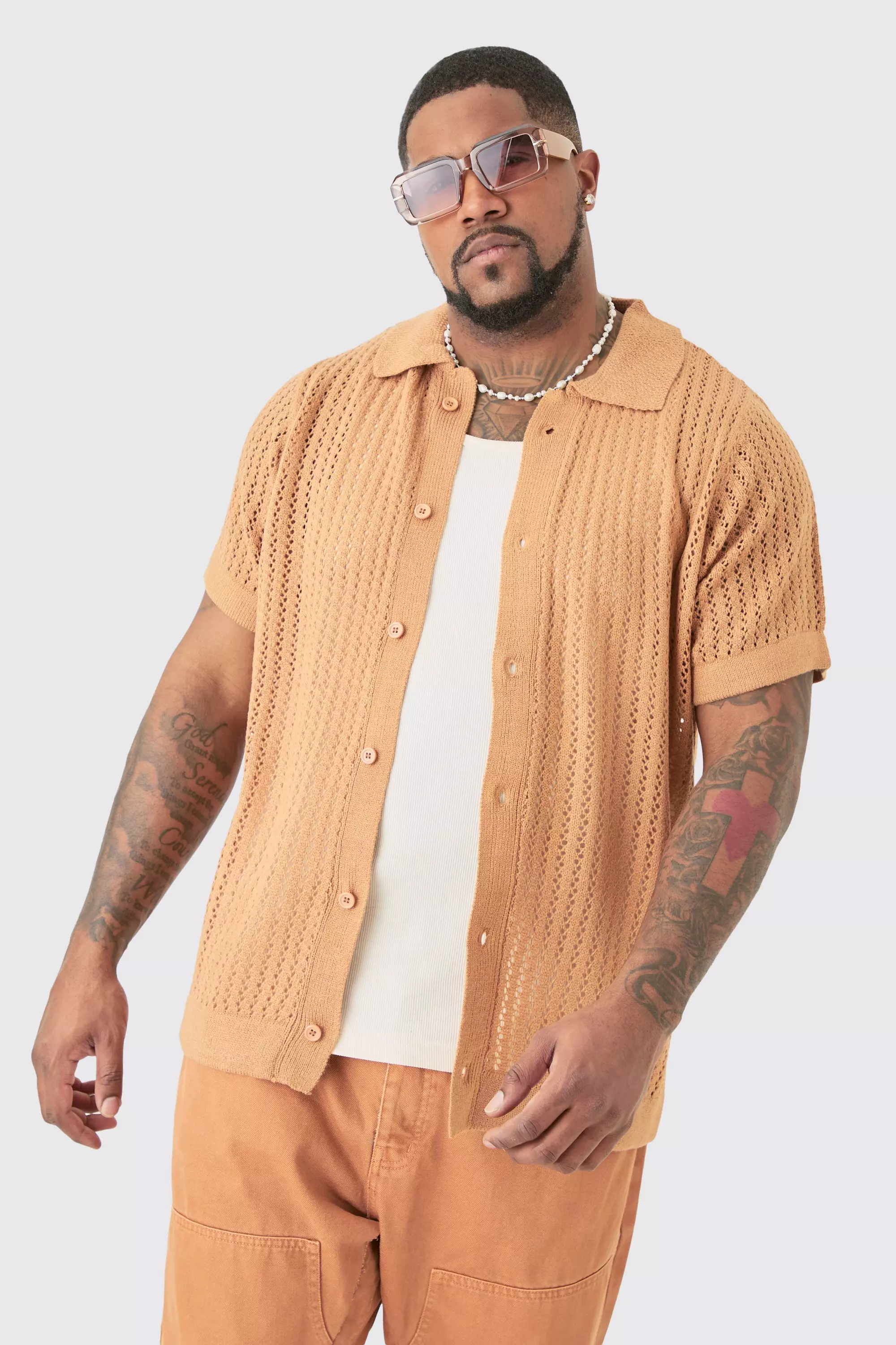 Beige Plus Open Stitch Short Sleeve Knitted Shirt In Taupe