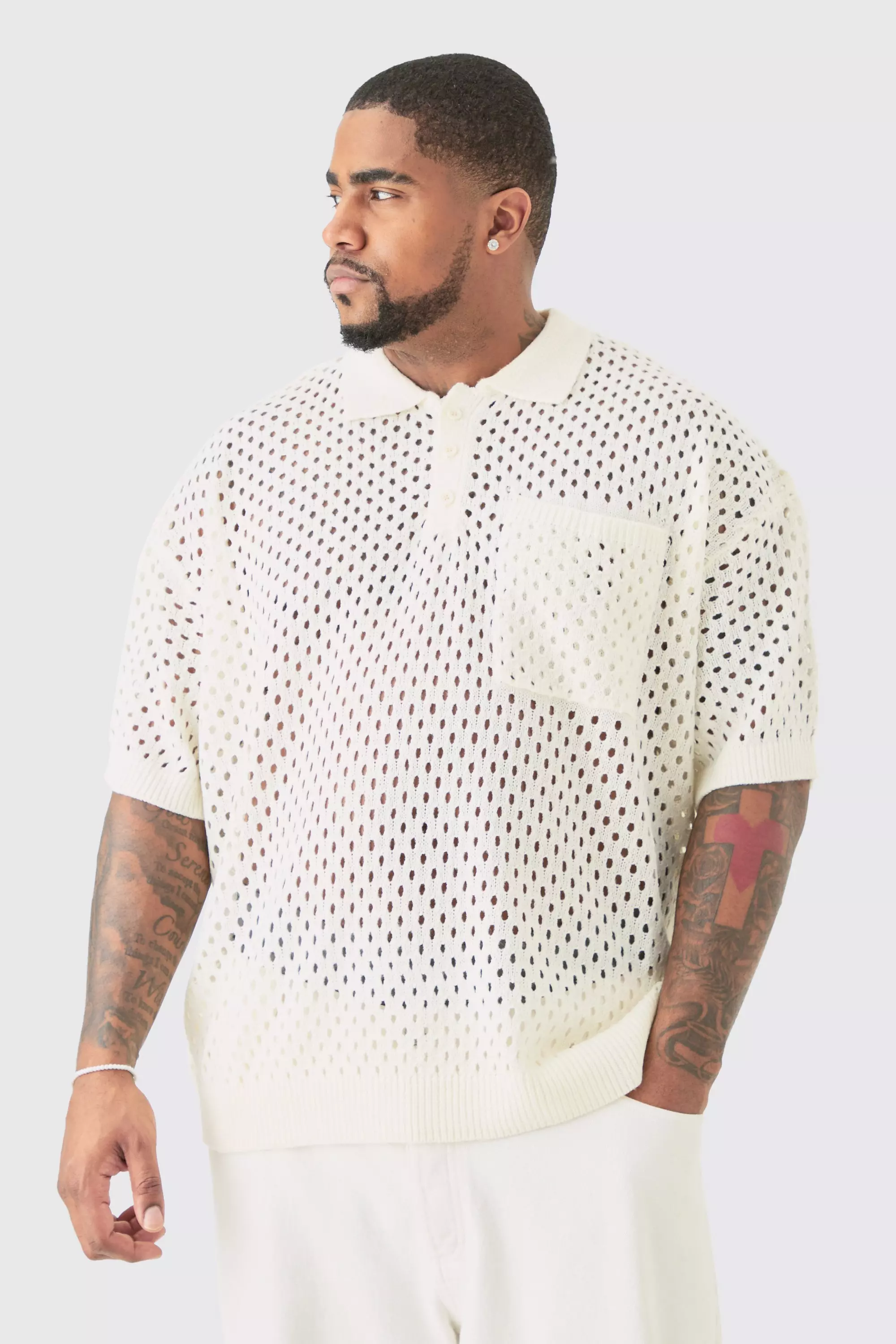 Plus Boxy Fit Crochet Knitted V-neck Polo In Ecru Ecru